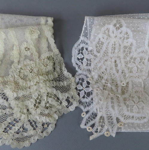 2 Antique c1900 LACE Lappets Battenburg w DOTTED Net LACE Belgian PRINCESS LACE - Picture 6 of 6