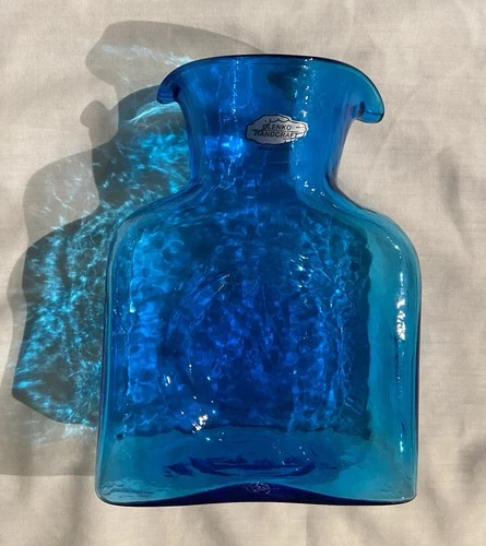 Blenko Glass 384 Mini Water Bottle 6" Turquoise Blue Double Spout w/ Label 2019