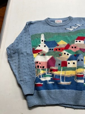 Vtg Orvis Sweater Blue Village Landscape Graphic Chunky Knit Indie