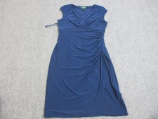 Lauren Ralph Lauren Dress Womens 14 Blue Ruched Faux Wrap Cap Sleeve Knee Length