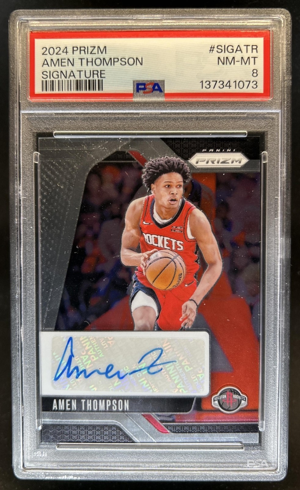 2023-24 Panini Prizm Amen Thompson Rookie Auto RC #RSI-AMN Rockets PSA 8 view 1