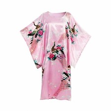 Asian Home Flower Peacock Satin Silk Kimono Dress, Nightgown, Dressing Gown...