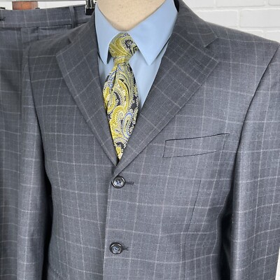Caravelli Suit Men 40/32 Gray Blue Check Plaid Superior 150s Hightech Poly