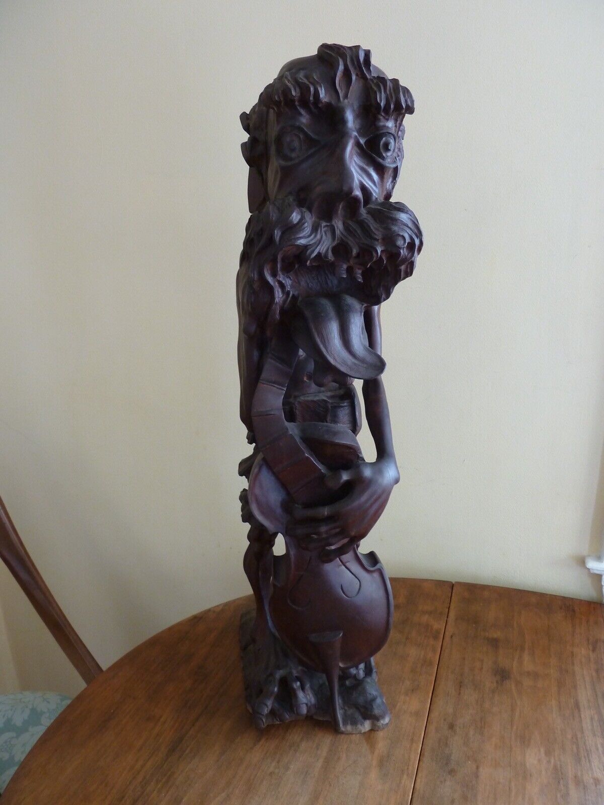 Antique German Carved Wood Black Forest Gnome  25” Figure Playing Bass Fiddle