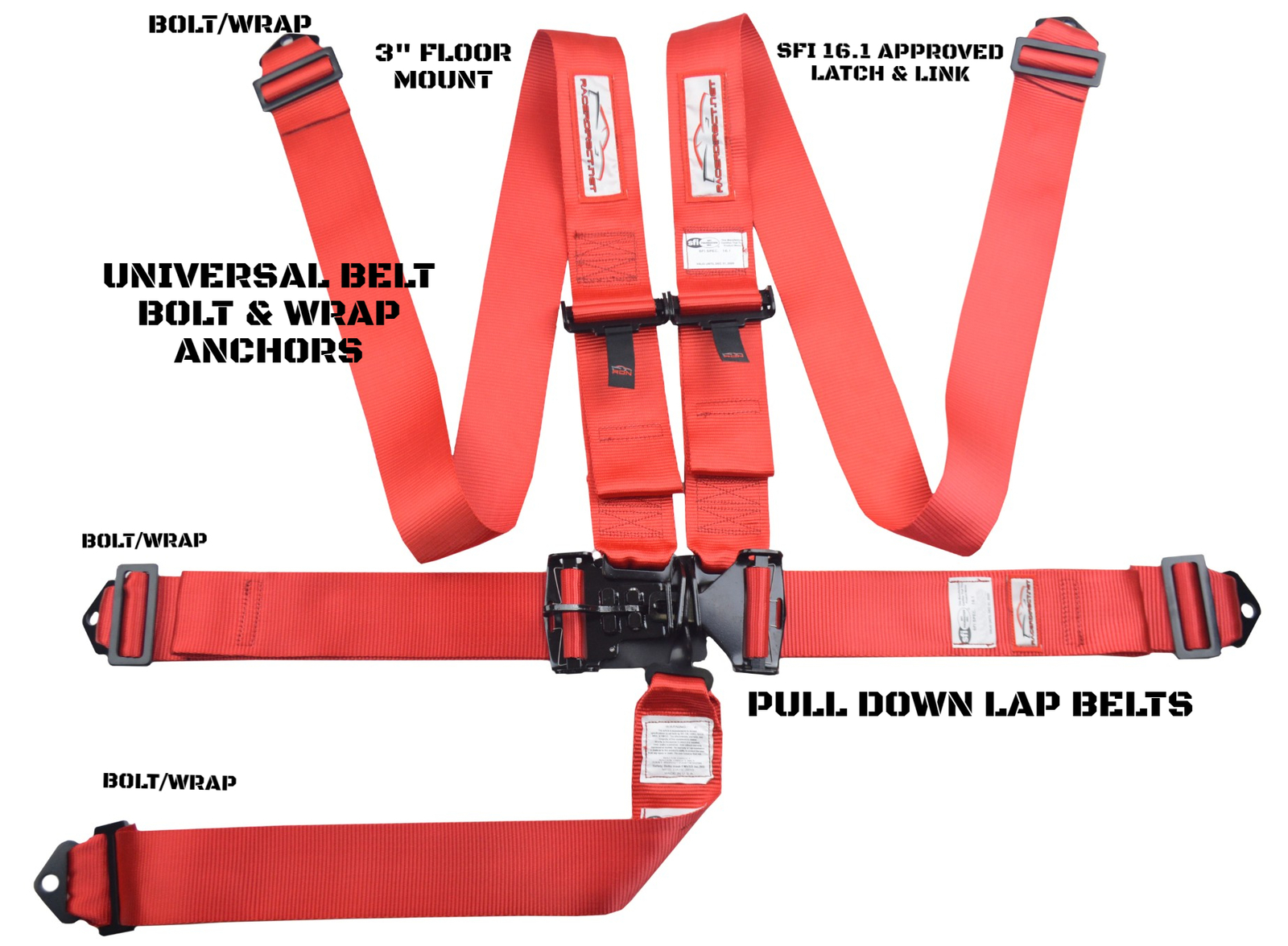 RACING HARNESS 5 POINT UNIVERSAL LATCH & LINK SEAT BELT RED FLOOR MOUNT