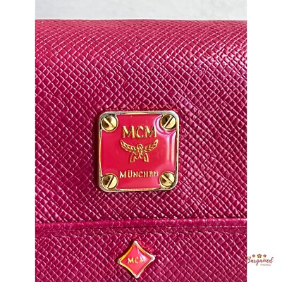 Authentic MCM Magenta/Pink Saffiano Leather Studded Logo Motifs