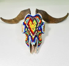 Mexican Skull Huichol Beaded Goat Spirit Animal Wall Hanging Signed Folk Art 15H