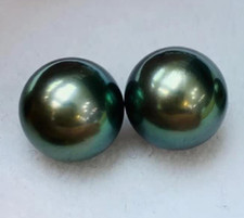 Pair 11-12mm South Sea Genuine Black Blue Green Round Loose Pearl Undrilled Jewe