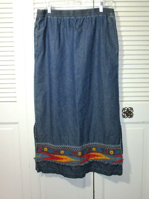 Vtg. 90's Original TY Wear Blue Denim Southwestern/Aztec Maxi Skirt 10