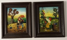 Zwei Hinterglasbilder Hinterglasmalerei „Weinlese" sign. Mladek Z. naive Malerei