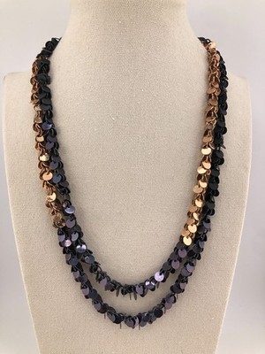 LONG  NEXT Necklace Sequins Gold Tone Dark Purple Statement Christmas Disco
