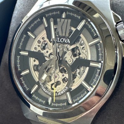Bulova Mens Maquina Automatic Skeleton  Gray Stainless Steel Watch 46MM 98A179