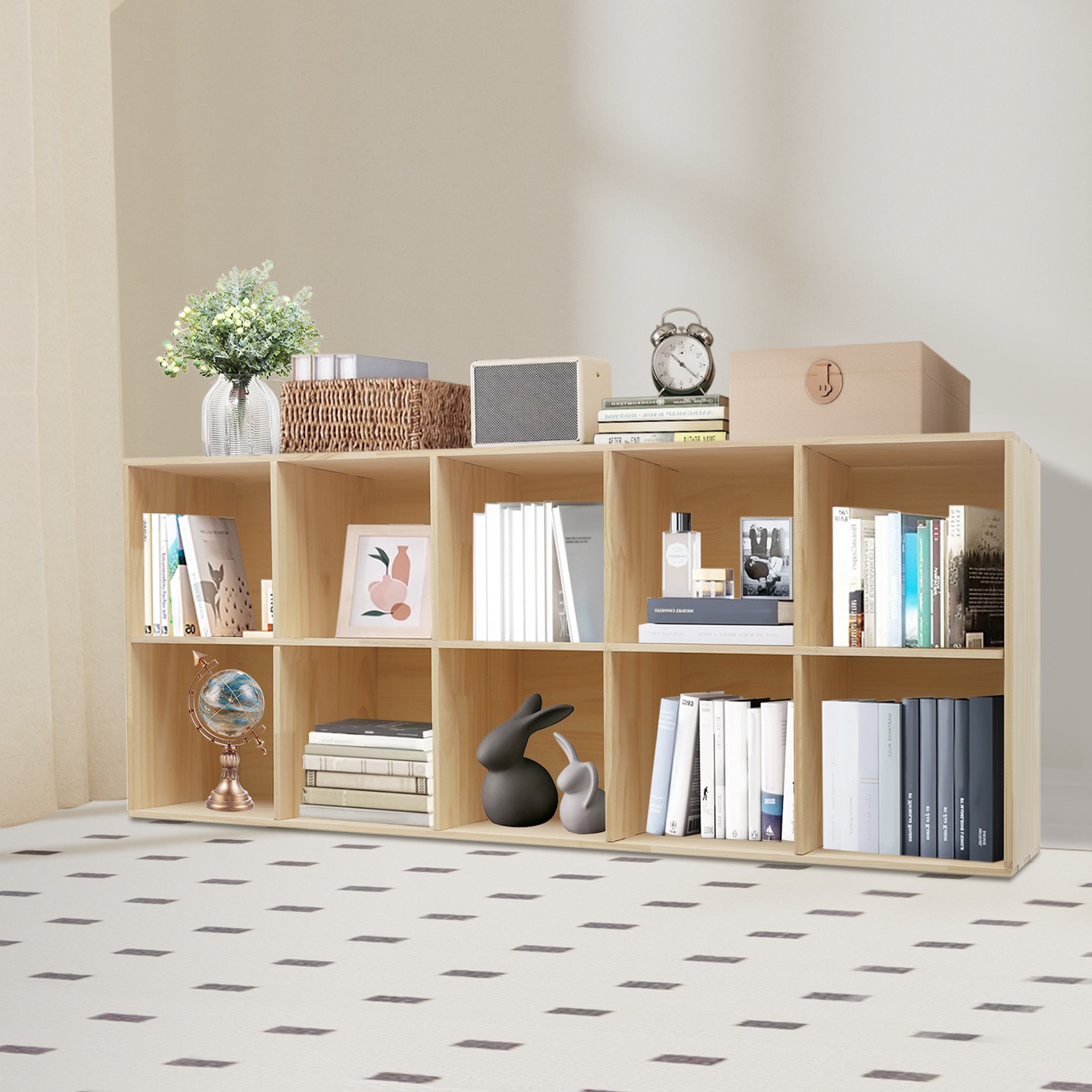 10 Cube Solid Wood Shelves, Wooden Shelf Bookcase,  Floor Standing Bookshelf