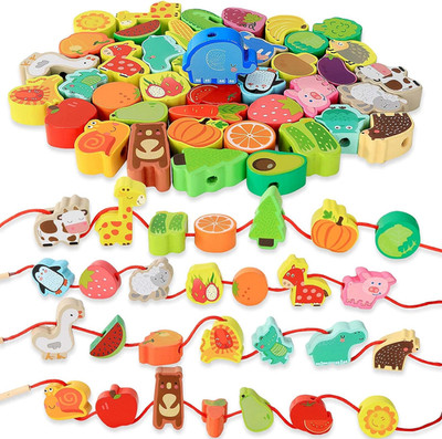 Montessori Educational Threading Toys Wooden Stringing Farm Animals Fruits Lacin