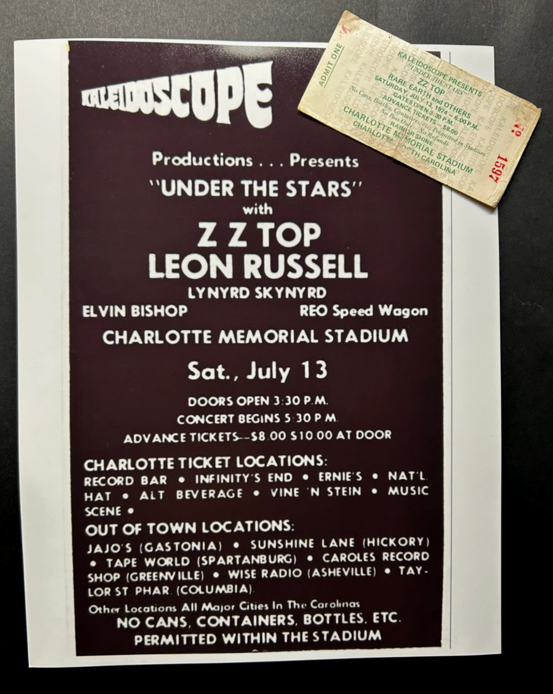 1974 ZZ TOP / LYNYRD SKYNYRD Full Concert Ticket Stub CHARLOTTE NORTH CAROLINA