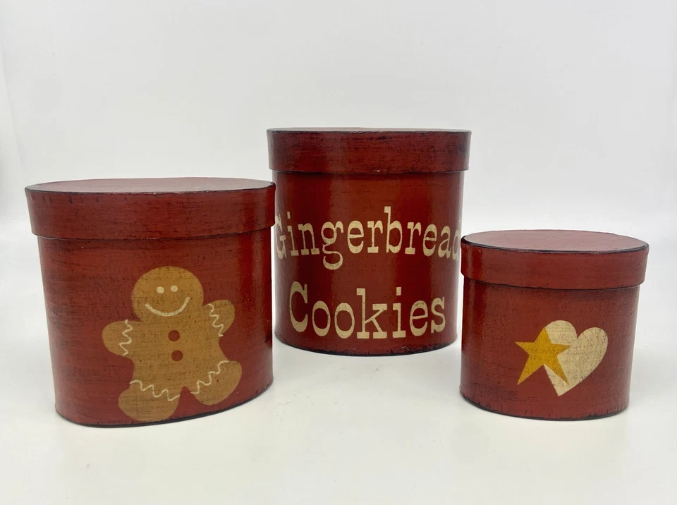 Primitive Rustic Handpainted Nesting Boxes Gingerbread Christmas Set of 3 - Image 2 of 4