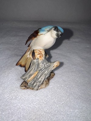 VTG 1980s Mini Porcelain Bird Figurine House of Global Art Blue Jay on Branch