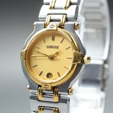 [Near MINT] GUCCI 9000L Gold Dial Date Two-Tone Quartz 25mm Womens Watch 6.69'
