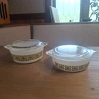 Vintage Pyrex 471 & 472 Green Autumn Floral Verde Casserole Dish Set with Lids
