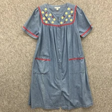 Go Softly Patio Snap Front Dress Women Medium Blue Denim Embroidered Ladybugs
