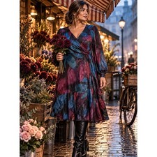 Ava & Viv Burgundy Teal 1X Floral Wrap Dress Long Sleeve Romantic Boho Midi