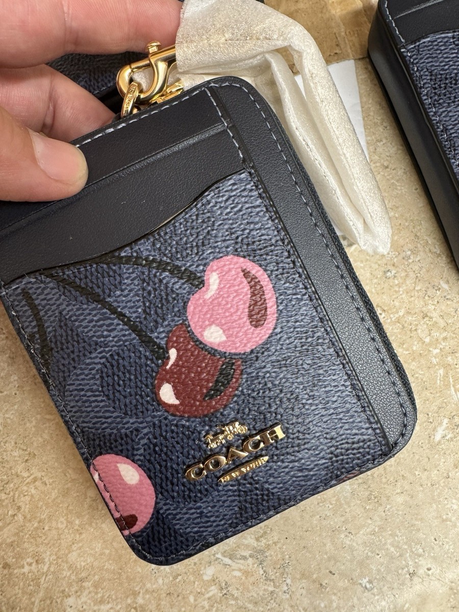 Coach CZ468 Zip Card Case Signature Cherry Mini Wallet Denim Multi