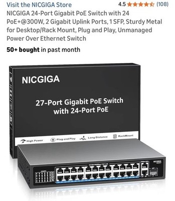 24-Port Gigabit PoE Switch with 24 PoE+@300W, 2 Gigabit Uplink Ports, 1 SFP, ...