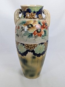 Antique Japanese Moriage Vase 12.5" Double Handle Satsuma Style Art Pottery