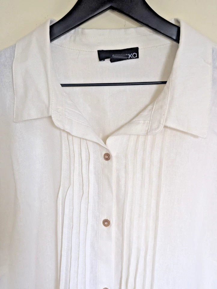 Camisa de Mezcla de Lino para Mujer 1X Abotonada Plisada Blanca Clásica Lagenlook Boho Playa Foto 2 de 4