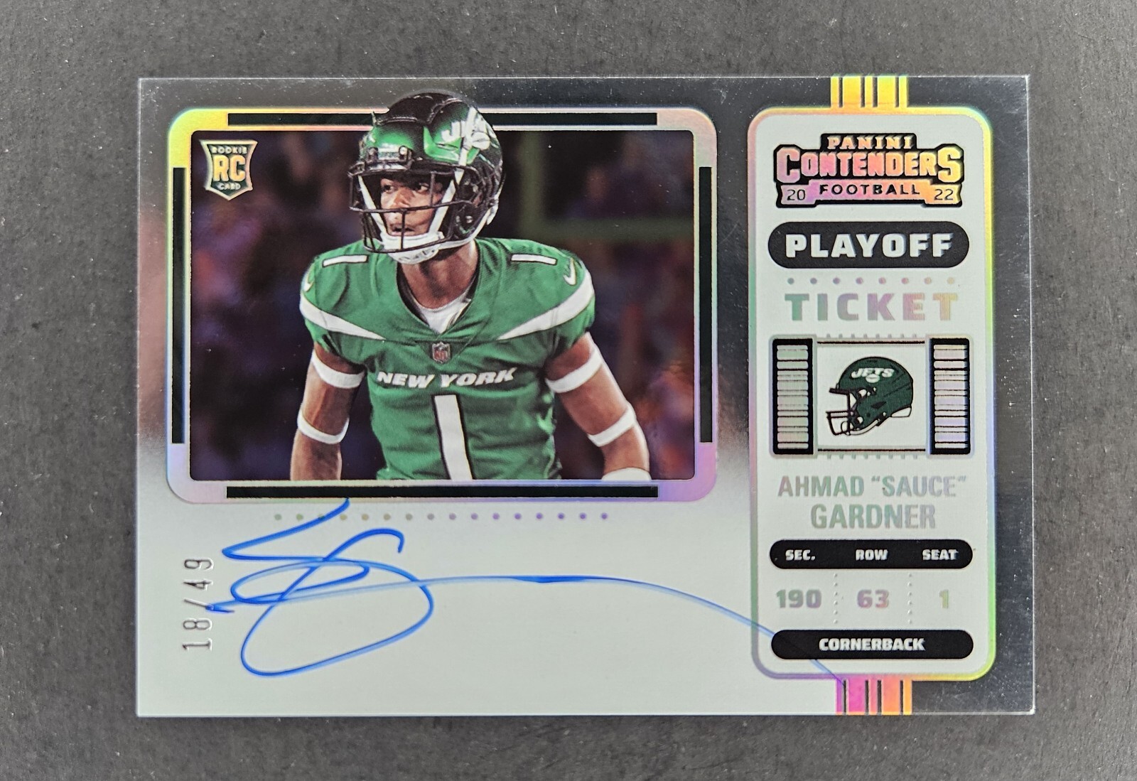 2022 Contenders Ahmad “Sauce” Gardner RC /49 Auto Playoff Ticket Variation Jets