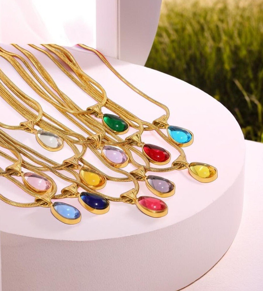 Stainless Steel Birthstone Water Drop Pendant Necklace with 18K Gold Plating 50cm Chain