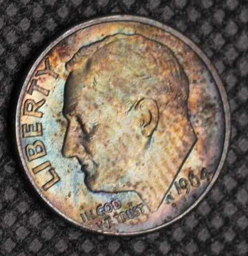 1964 D  Roosevelt  Dime UNC/AU Toning Rainbow 1143