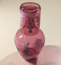 Vintage Fenton Art Glass Mary Gregory Cranberry Winter Scene Guest Water Set