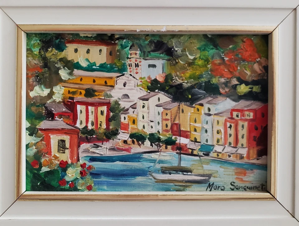 Pintura al óleo en miniatura original firmada por PORTOFINO marco dorado certificado de autenticidad MARA SANGUINETI Foto 2 de 4