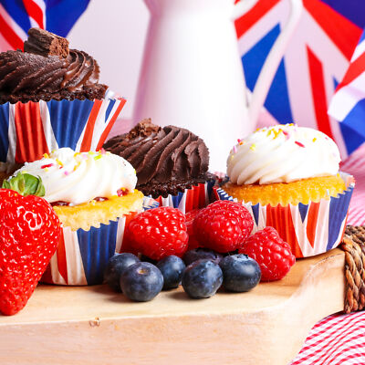 100 Union Jack Cupcake Hüllen - Geschirr Party BBQ Könige Krönung Krone Straße