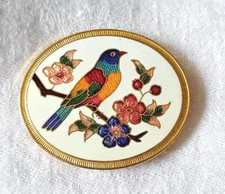 Vintage Goldtone Cloissone Bird Floral Oval Scarf Clip Bolo Clip 2in