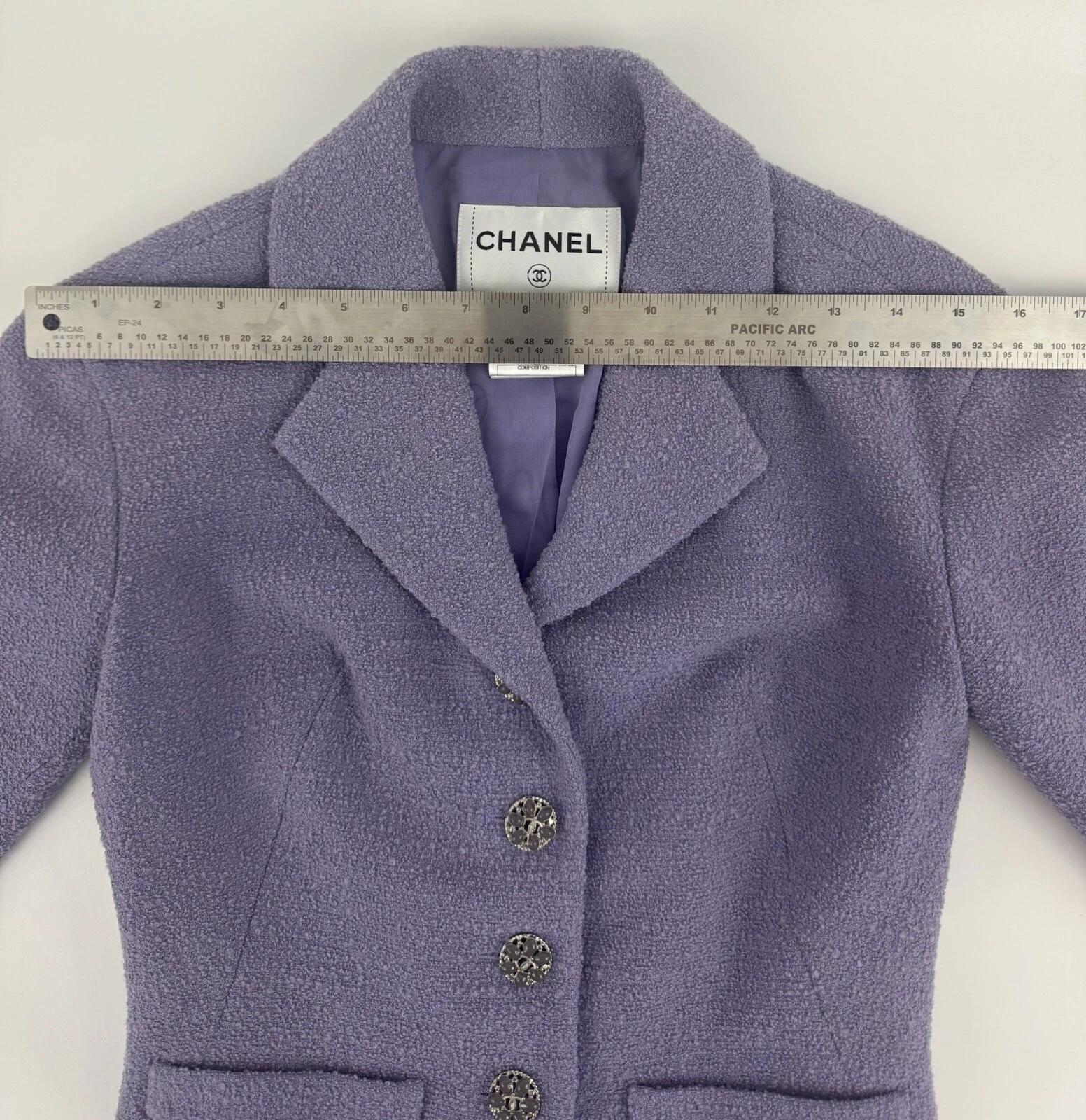 Giacca tuta CHANEL 12C strass bottoni gonna 36 4 gonna 34 2 viola donna