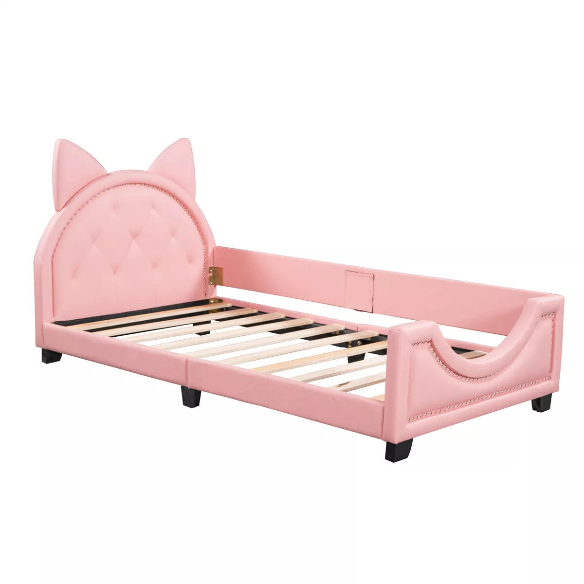 Bed Frame Twin Leather Daybed Pine w Carton Cat Ears Headboard