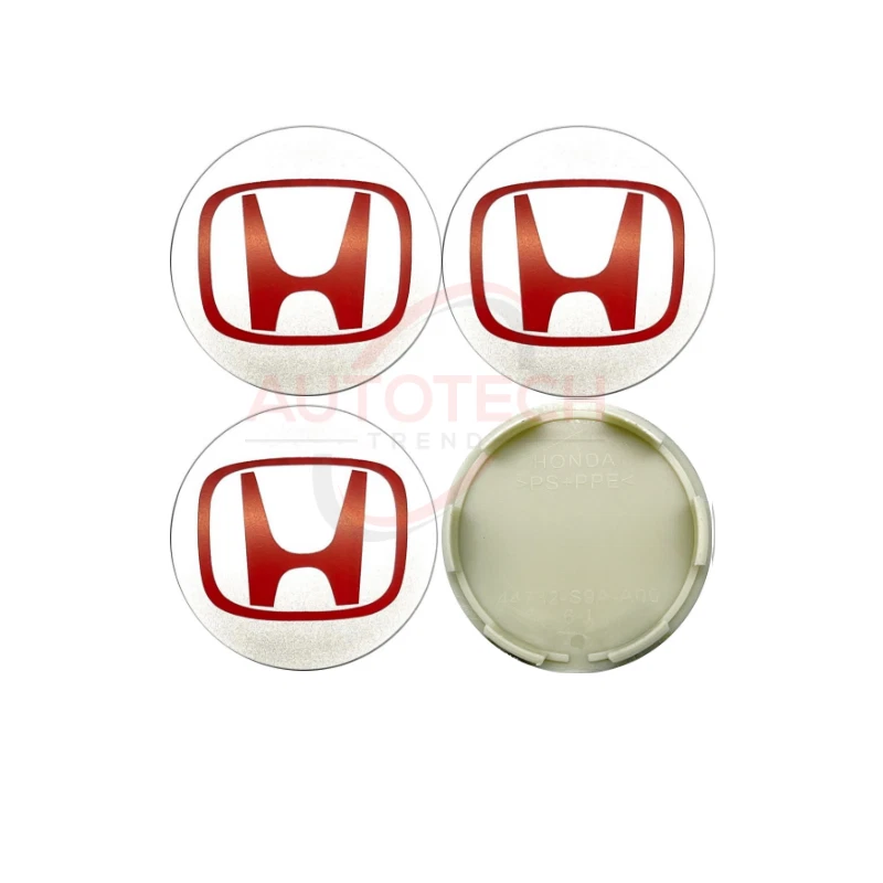 Silver/Red HONDA Set Of 4 Wheel Center Caps 69MM - Image 4 of 4