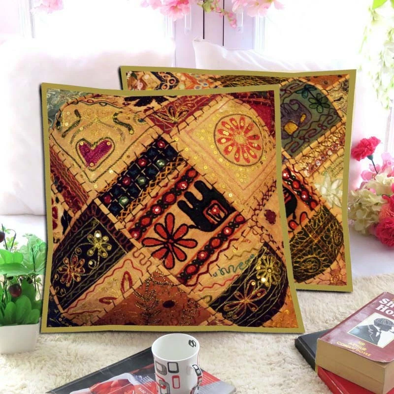 Funda Cojín Sofá Étnico 16"-2 Hecho a Mano Retazos Sala/Dormitorio Foto 4 de 4