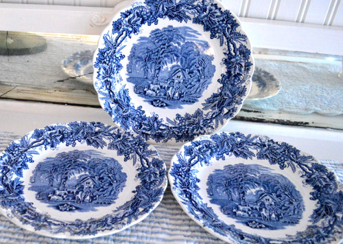 VTG BOOTHS BRITISH SCENES BLUE WHITE DISHES SET OF 3 9.5" ENGLISH COTTAGE VG