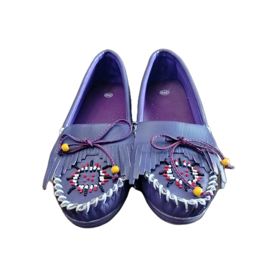 Mocasines para mujer 8M púrpura vintage hechos a mano cuero con cuentas flecos Kiltie Foto 4 de 4
