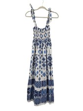 Zara Maxi Dress Womens Small Blue WhitePrint Smocked Boho Summer Vacation