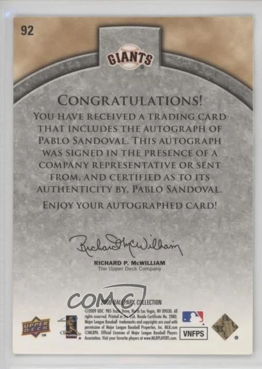 Upper Deck Ballpark Collection Rookie Auto 2009/300 Pablo Sandoval #92 automático Foto 2 de 2