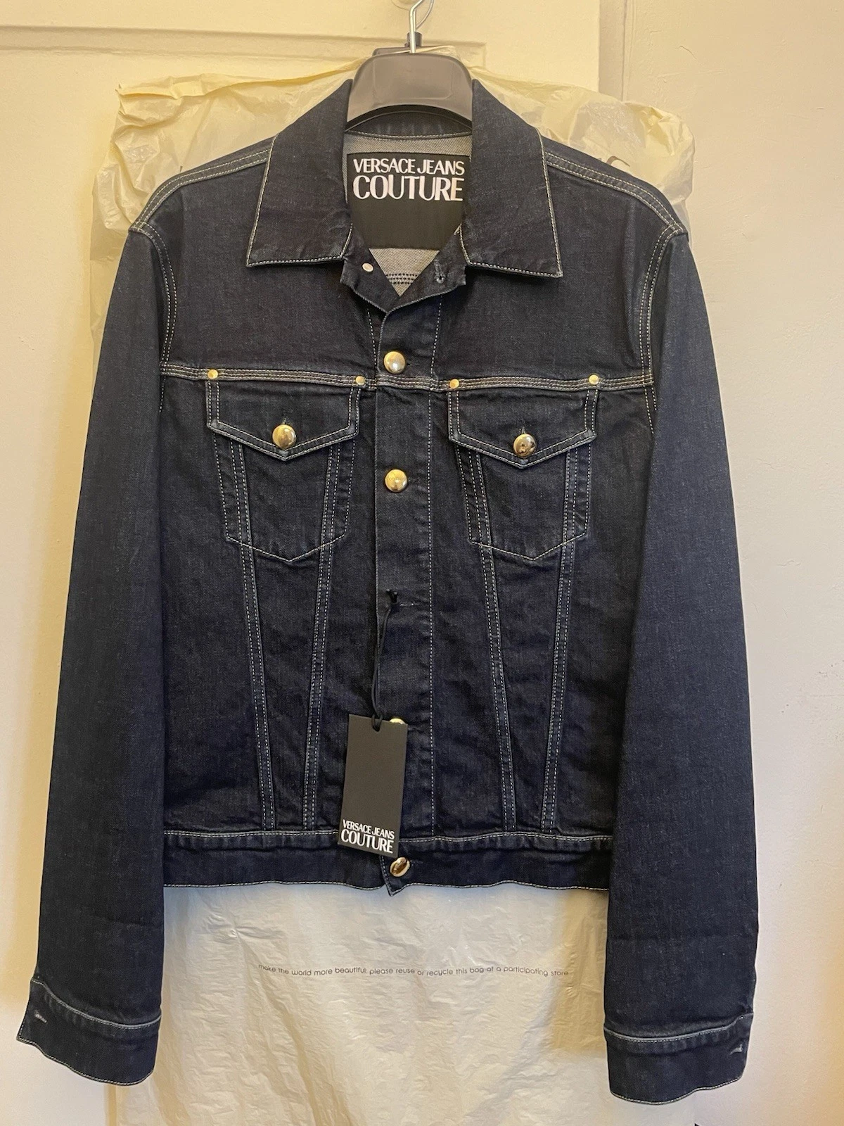 VERSACE JEANS COUTURE DARK BLUE RUGGED DENIM JACKET GOLD BUTTONS NEW MED 50 MEN - product detail image 1