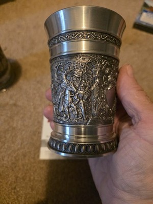 Vintage Artina SKS Zinn 95% German Pewter Cup 4.5-5'' Tall Knights 1 Mug Glass
