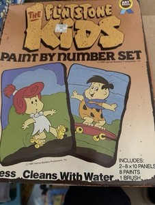 Vintage 1980s Flintstone Kinds Paint By Numbers Set W/ 2 Pictures, Paint, Brush