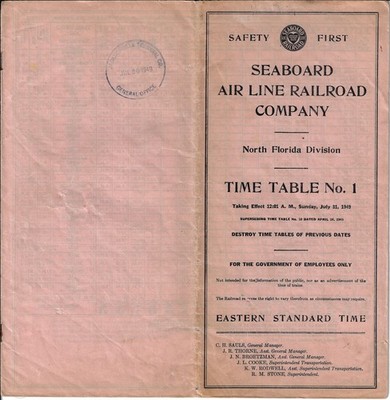 SEABOARD AIR LINE R.R. ETT TIMETABLE NORTH FLORIDA DIV. #1  7-31-1949  19 PAGES.
