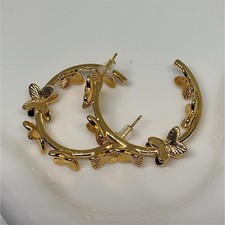 Gold Tone Metal Round Hoop Earrings Butterfly Back, No Stone, Lobe