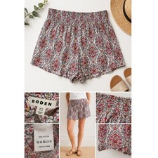 Boden Linen Floral Smocked Waist Shorts US 12 Boho Lightweight Pockets